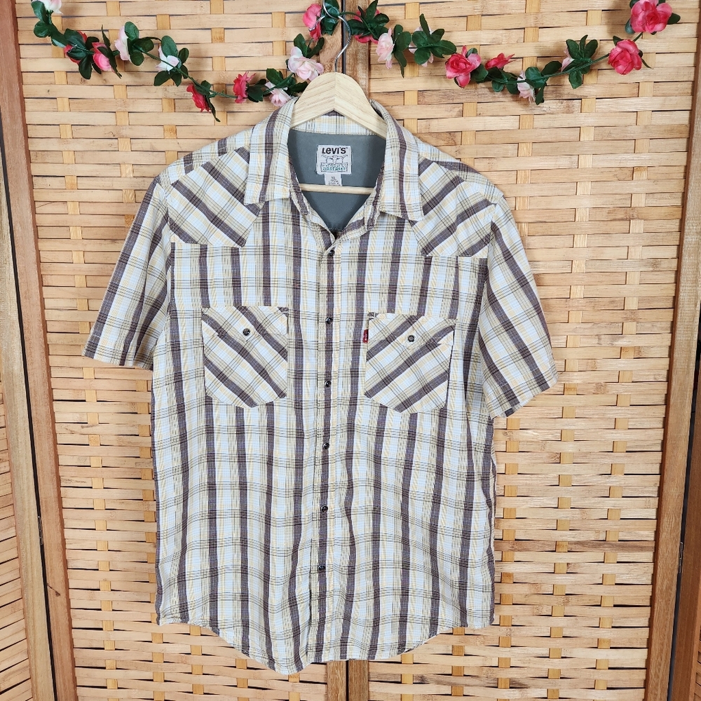 VTG Levis Western Pearl Snap Men Sz M Brown Plaid Short Sleeve Cowboy 80s